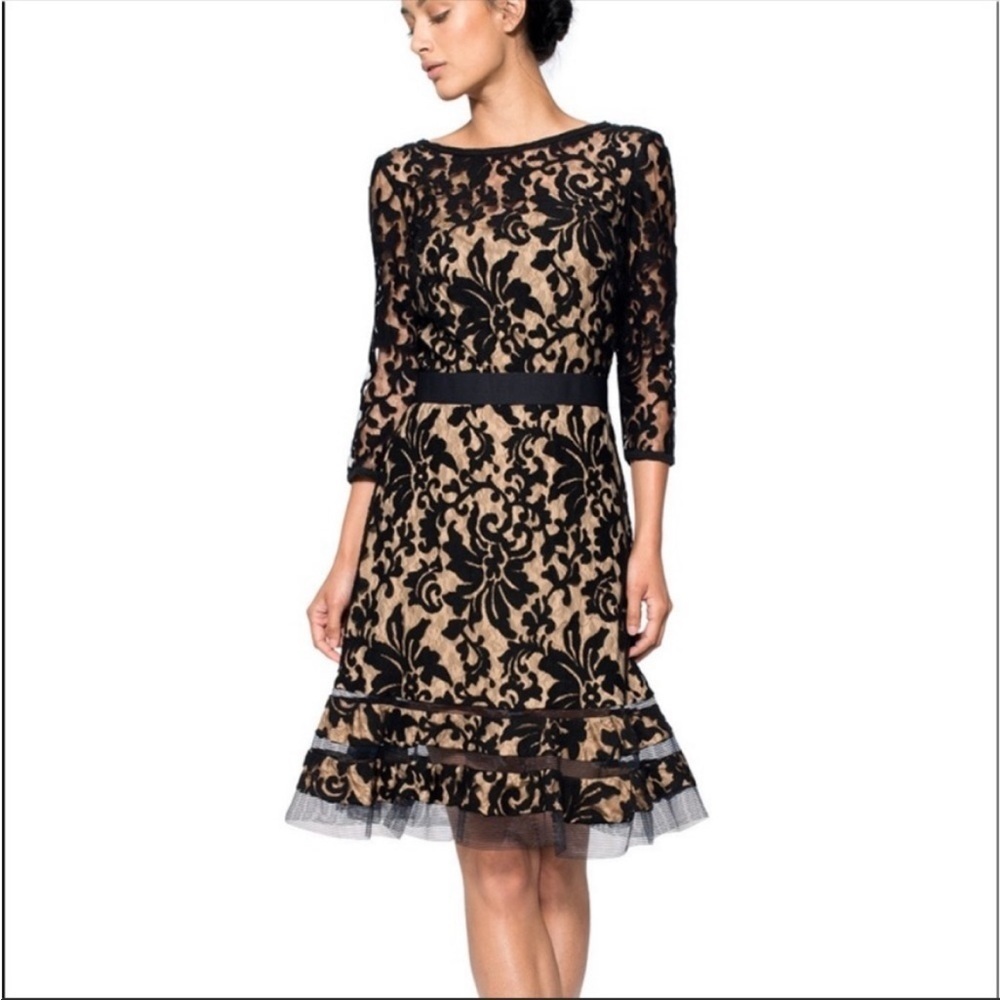Tadashi Shoji black and tan lace dress size 2